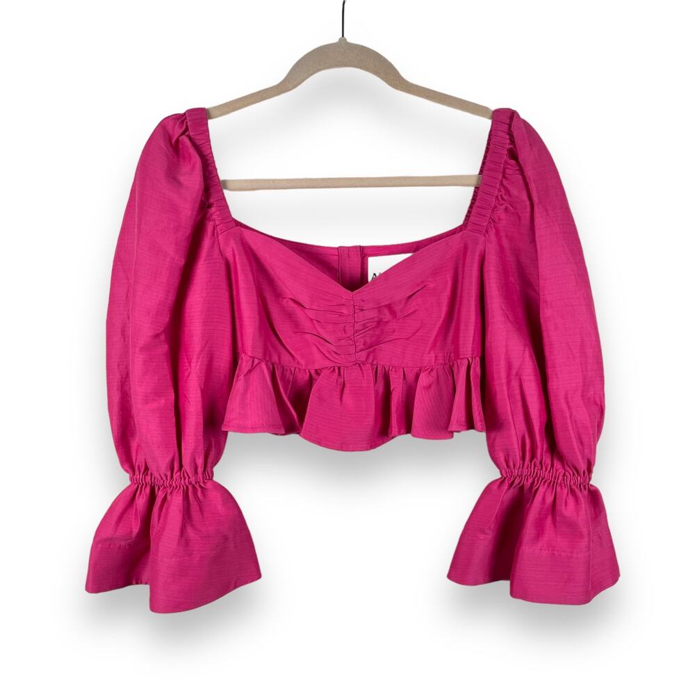 Alemais Top Womens 4 Fuchsia Pink Blaire Ruffle Cotton Silk Cropped Long Sleeve